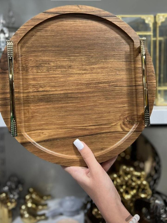 سینی چوبی گرد دسته طلایی