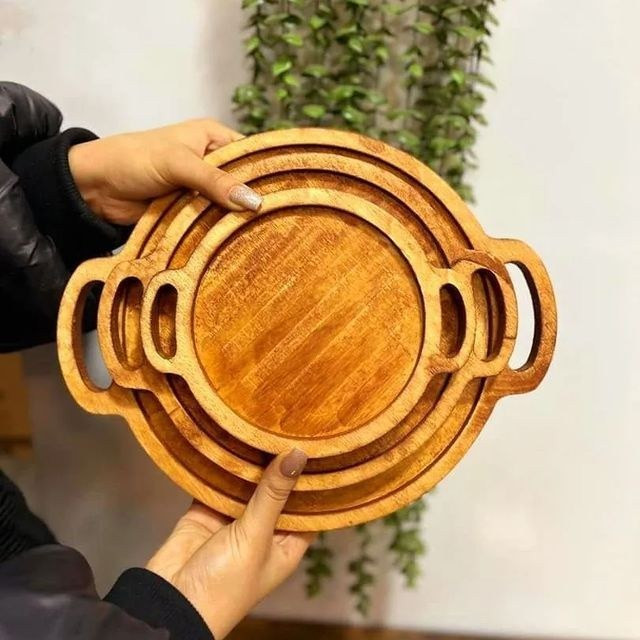 سینی چوبی 3 عددی گرد دو دسته چوبی